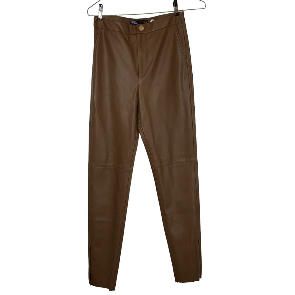 Zara Womens Brown Faux Leather High Waisted Ankle Zip Pants XS Cognac Slim Leg